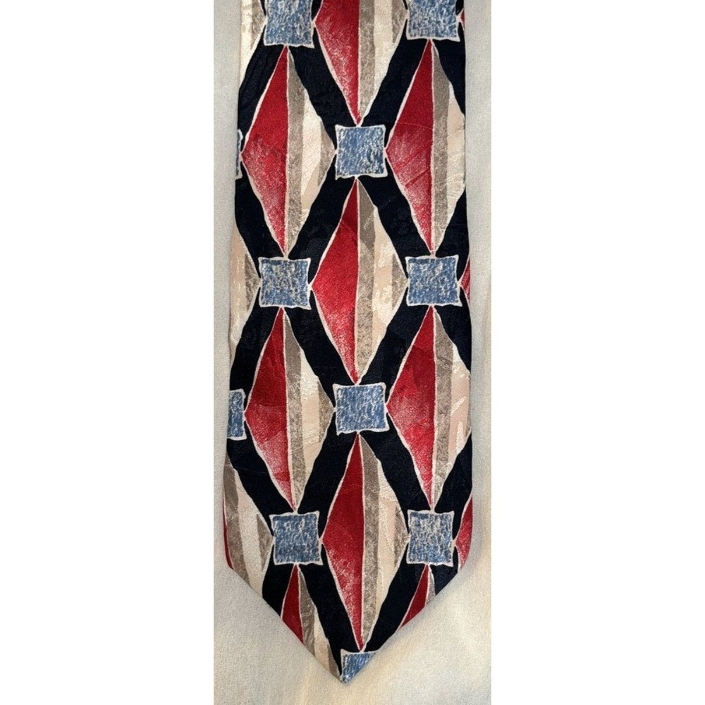 Zianetti Mens Silk‎ Tie Red Navy Blue Silver Geometric Harlequin Italian Fabric